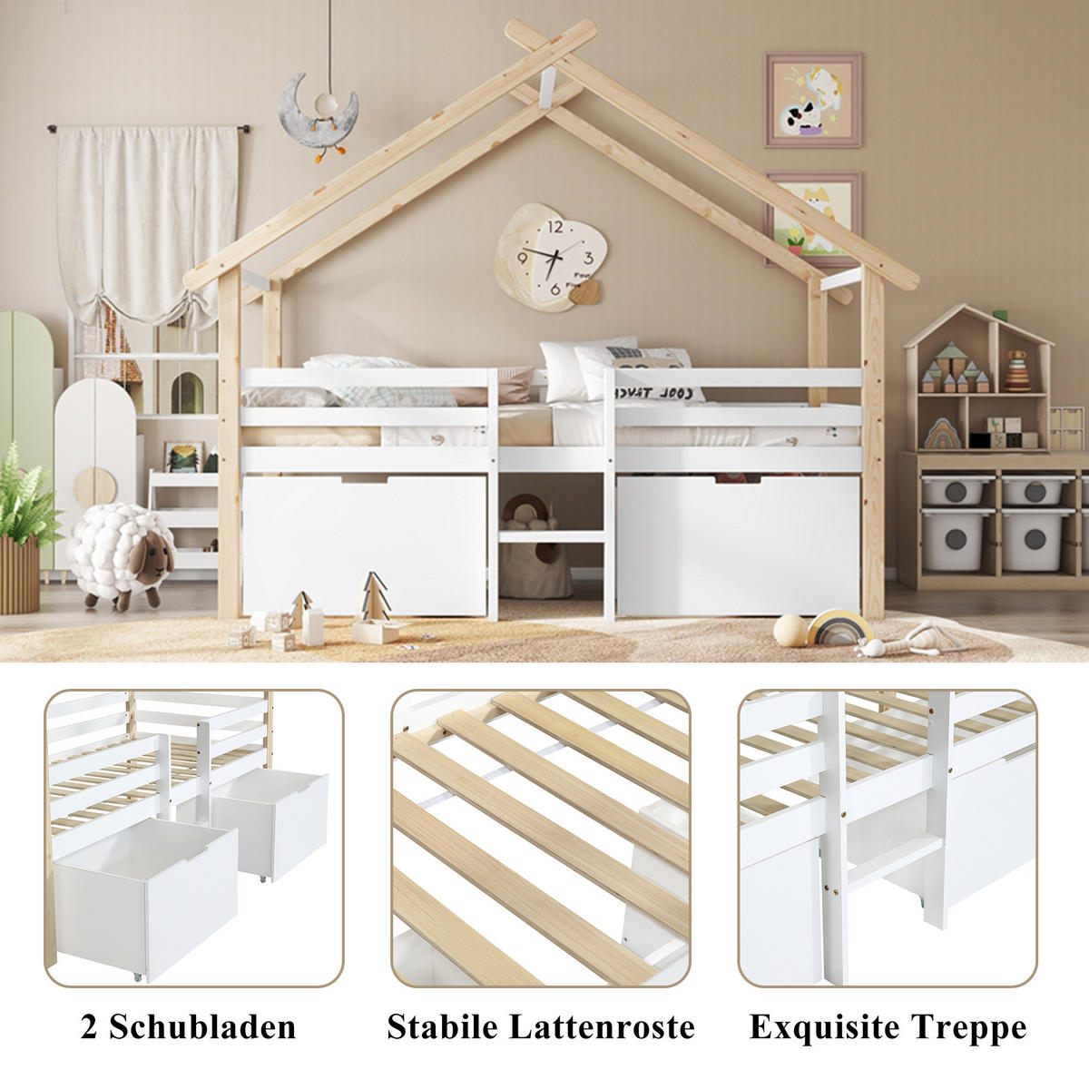 HAUSBETT 90/200 cm mit Dach und Stauraum in Weiß und Natur aus Kiefer + MDF - Weiß, Holzwerkstoff (90/200cm) - OKWISH