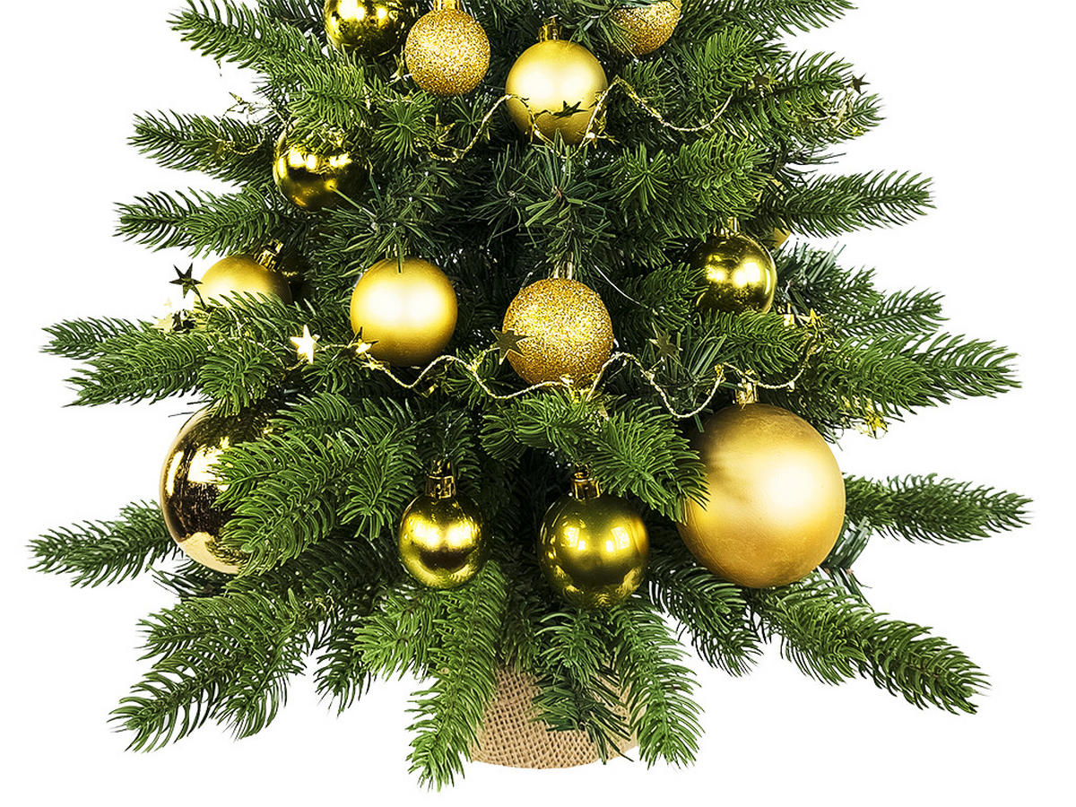 WEIHNACHTSBAUM künstlicher 60 cm mit LED-Beleuchtung, GOLDWEIHNACHTEN II, mit 34 Weihnachtsbaumschmuck, Pflanztopf mit Jutesack - Goldfarben/Grün, Kunststoff/Stein (40/60cm) - LAALU