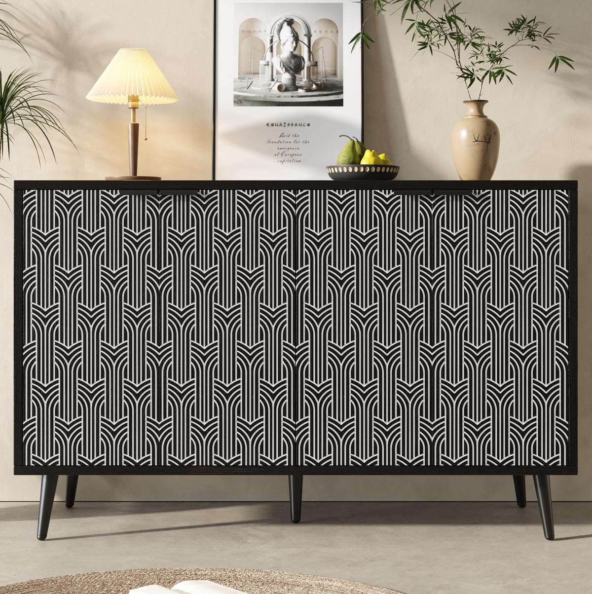 SIDEBOARD 120/35/78 cm mit 2 Türen, Metallbeinen und geometrischer Front - Schwarz, Holzwerkstoff (120/78/35cm) - BEAOK