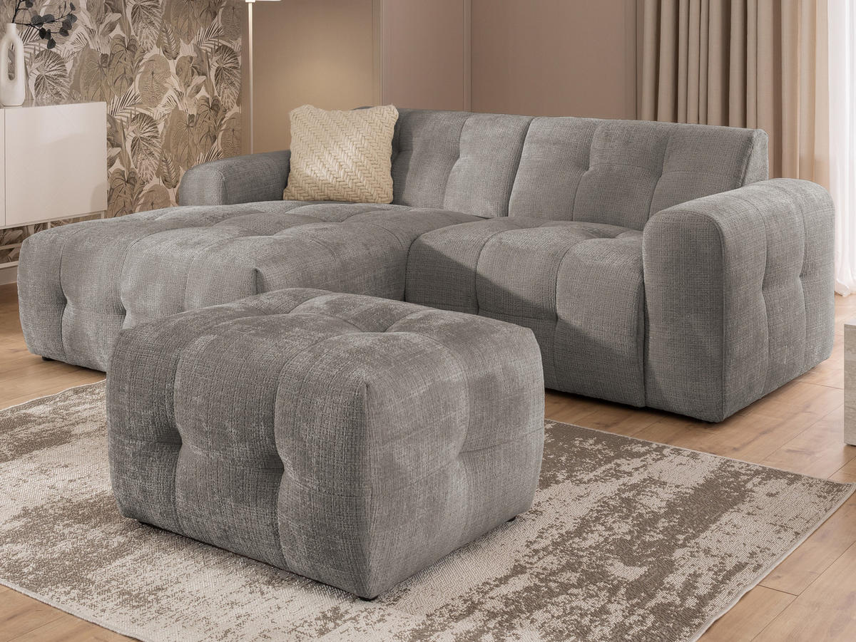 ECKSOFA inkl. Hocker Kozy im Bumpy-Design mit Schlaffunktion und fester Rückenlehne aus weichem Taupe Chenille-Stoff - Ottomane links - Taupe/Schwarz, Holz/Kunststoff (161/234cm) - S-Style Möbel