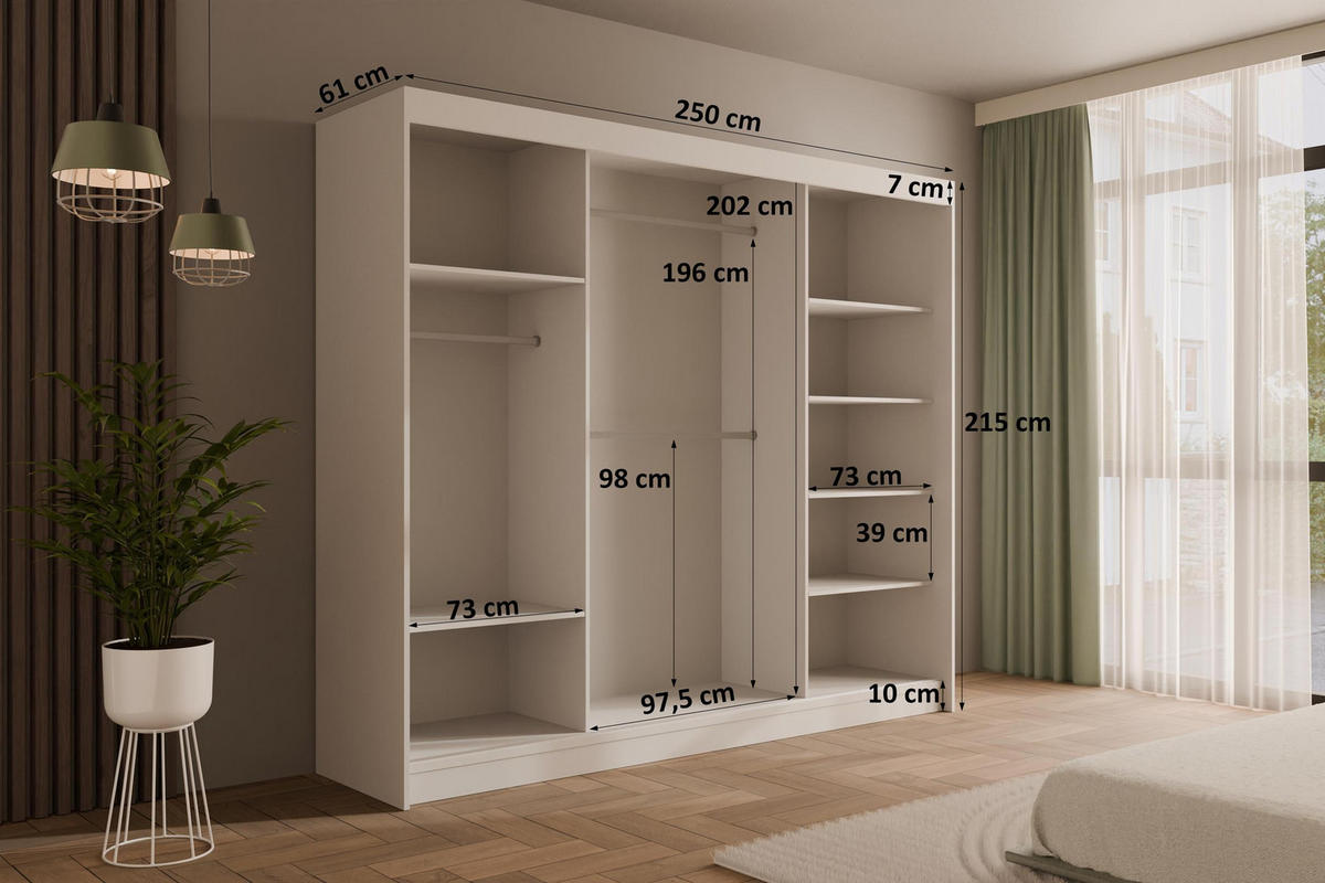 KLEIDERSCHRANK PEKA III - 250 cm - Weiß|Grau - Weiß/Grau, Holzwerkstoff (250/215/61cm) - ALTDECOR