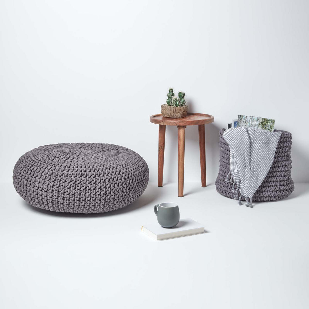 STRICK-POUF grau, Bodenkissen rund 70/70/23 cm - Grau, Textil (70/23/70cm) - Homescapes
