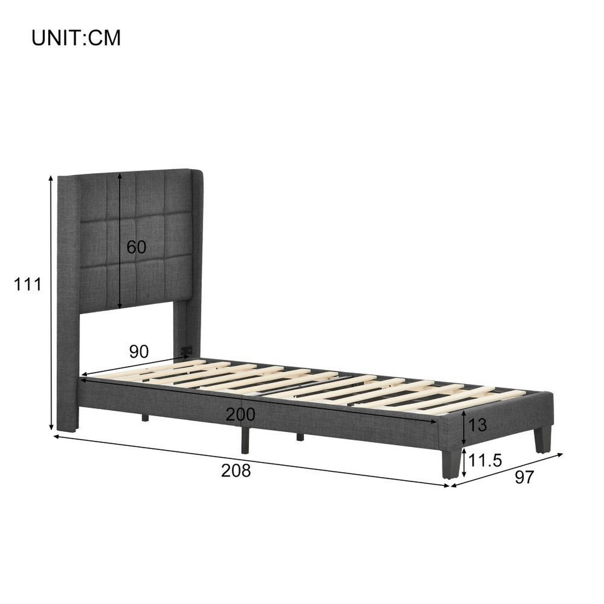 POLSTERBETT 90/200 cm in Grau mit Matratze - Grau, Holz/Textil (90/200cm) - KOMHTOM