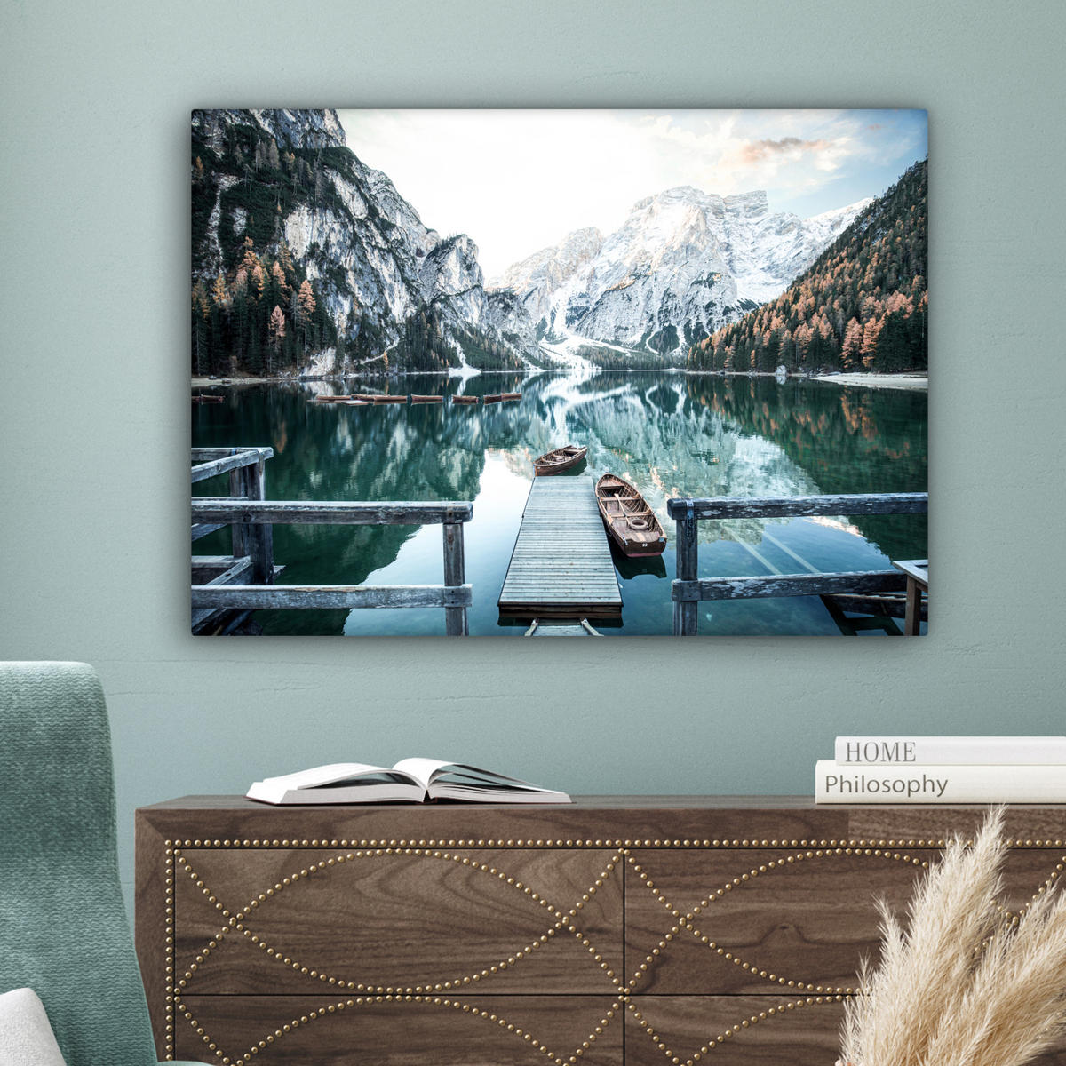 LEINWANDBILD Natur - Berge - Schnee - Wald - Boot Wandbilder 80x60 cm - Hellgrün, Textil (80/60cm) - MuchoWow