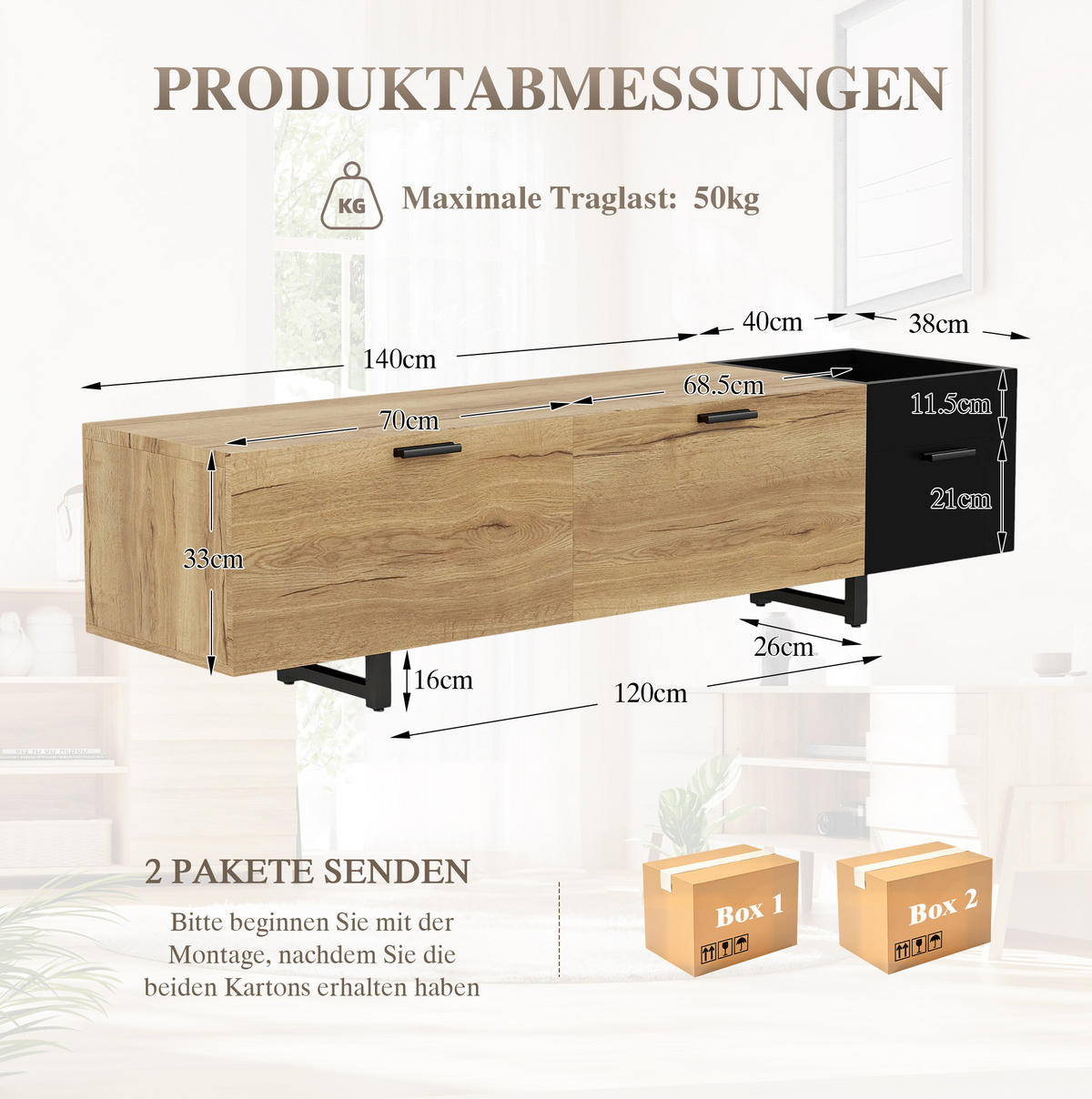 TV-SCHRANK mit Schubladen 180 x 38 x 49 cm Holzoptik Schwarz - Schwarz, Holz (38/49/180cm) - Beauniv