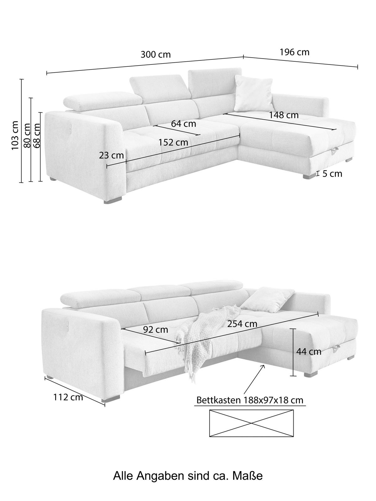 ECKSOFA mit elektrischer Sitztiefenverstellung, Kopflehnen verstellbar, USB-Ladefunktion, Bettkasten B300/T196/H103 cm, Chenille Grau / 15408 - Schwarz/Grau, Kunststoff/Textil (300/196cm) - luma-home