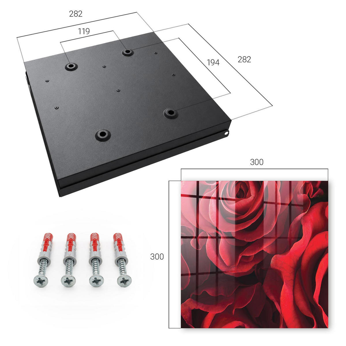 SCHLÜSSELBOX Schwarz 30x30 cm- Türöffnung nach rechts - Rote Rosen - Rot, Metall (30/30/5cm) - TULUP