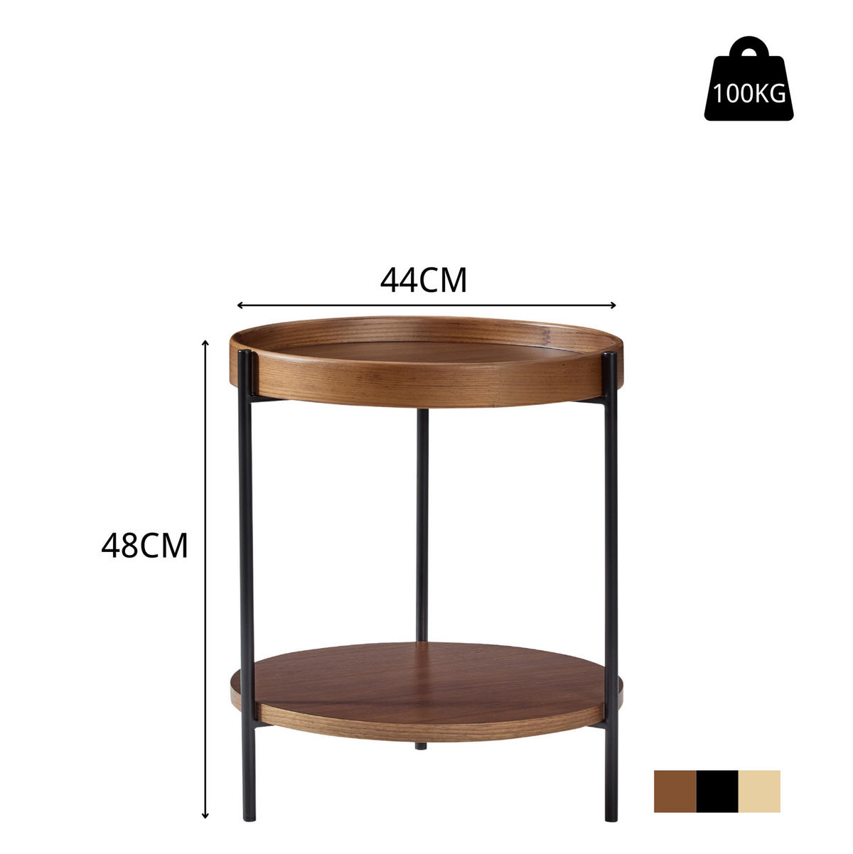 COUCHTISCH-SET Ø69/38 & Ø44/48 cm mit 2 Ebenen und Metallgestell, Walnuss - Walnussfarben, Holzwerkstoff (44/44/48cm) - Modfu