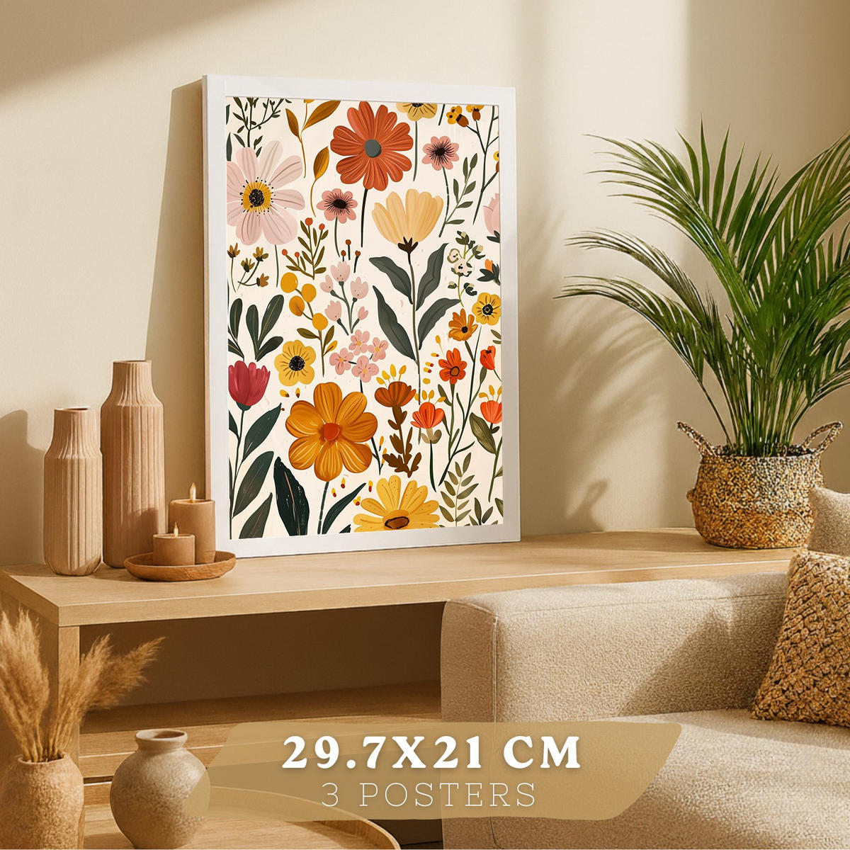 PLAKAT Sada 3 tisků akvarelových květin. Nástěnné umění Barevné botanické minimalistické plakáty s divokými květinami do ložnice A4 Bílý rám - bílá, papír (29.7/42/3cm)