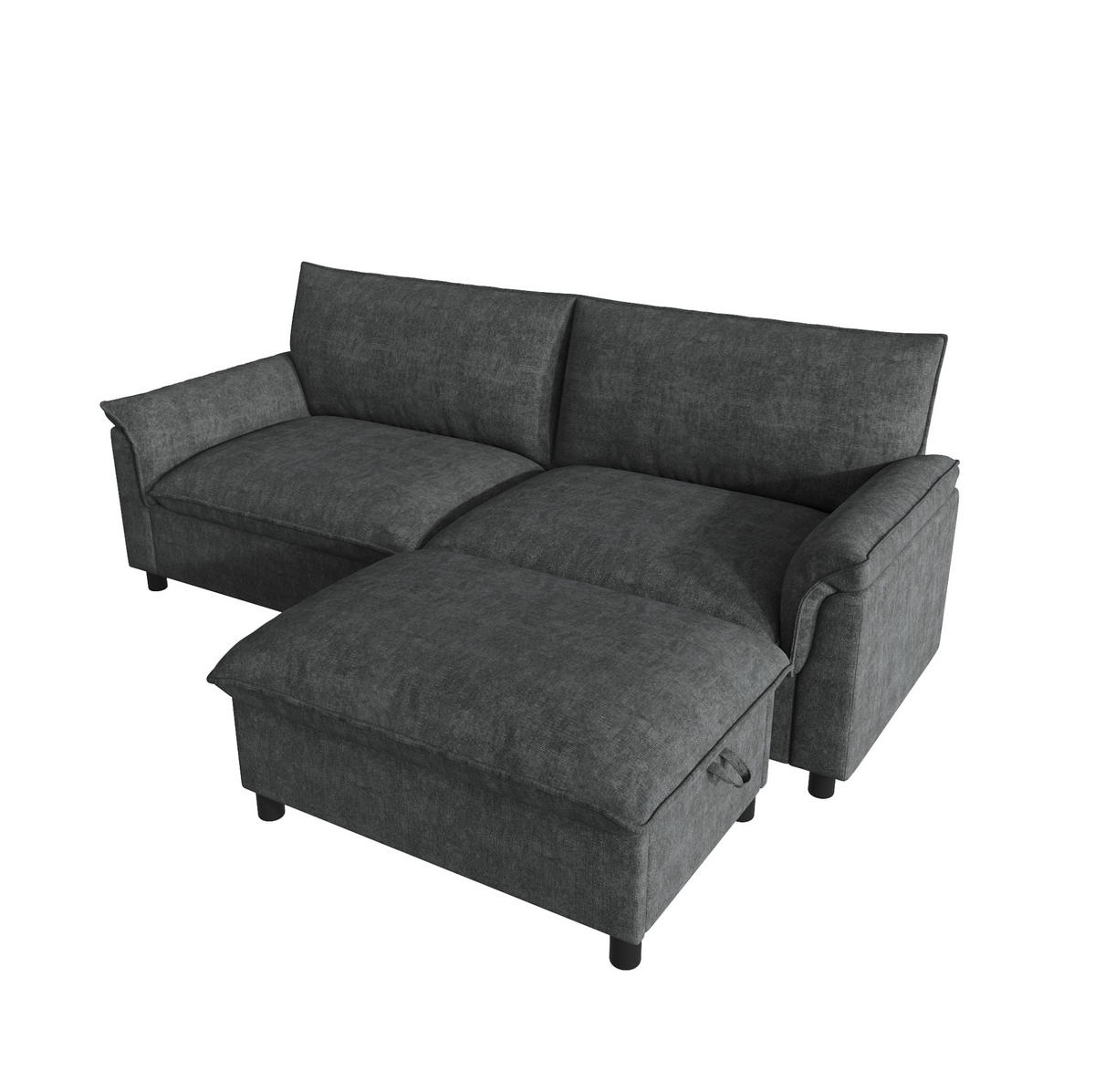 ECKSOFA 216/77/82 cm mit beweglichem Hocker, Stauraum und Schlaffunktion aus Chenille, Schwarz - Schwarz, Textil (216/77cm) - Redom