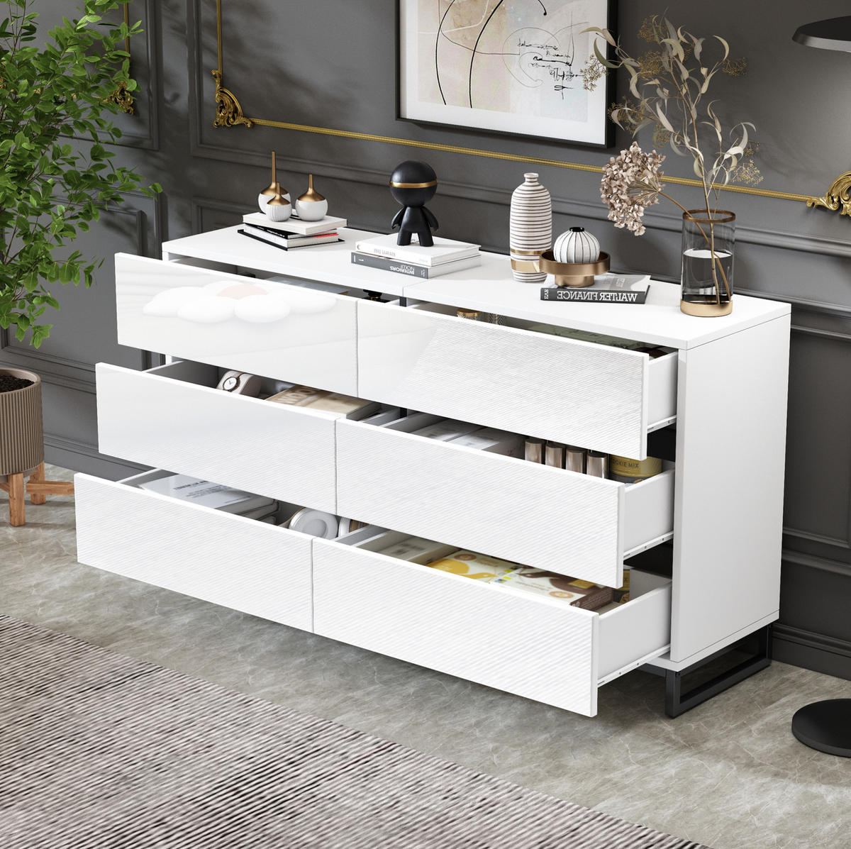 SIDEBOARD 140/39,5/78,5 cm Weiß/Schwarz aus Spanplatte mit 6 Schubladen - Weiß, Holzwerkstoff (140/78.5/39.5cm) - OKWISH