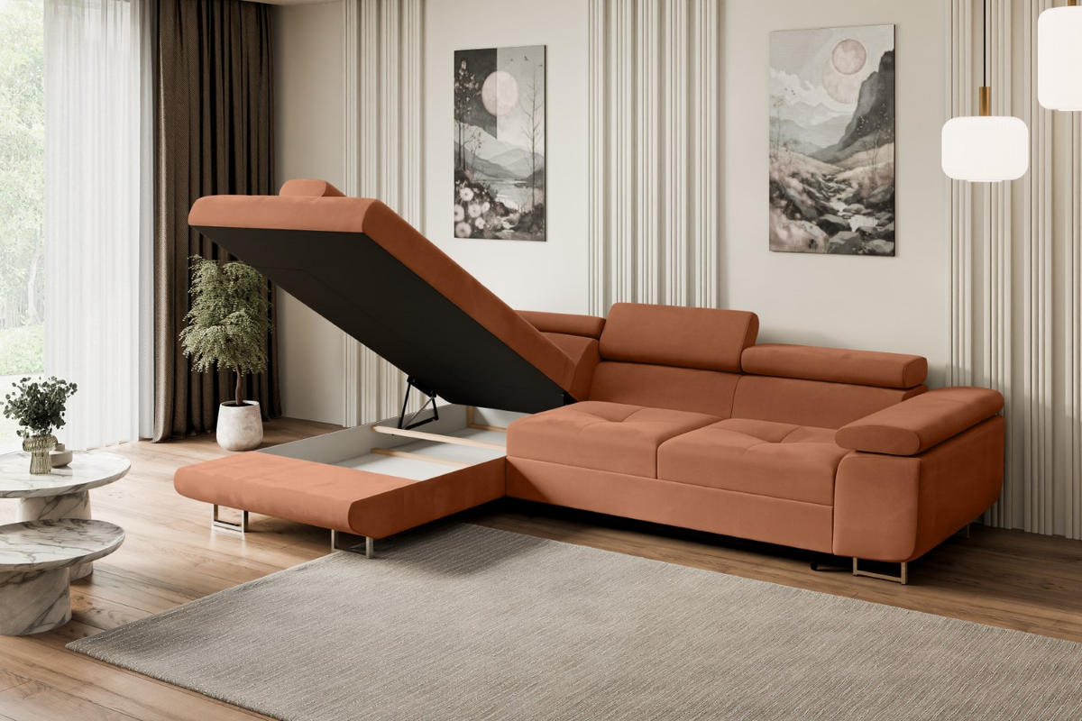 ECKSOFA mit Schlaffunktion und Bettkasten GUSA-L 272x202x107 cm Koralle Velours - Koralle/Silberfarben, Holzwerkstoff/Textil (202/272cm) - ALTDECOR