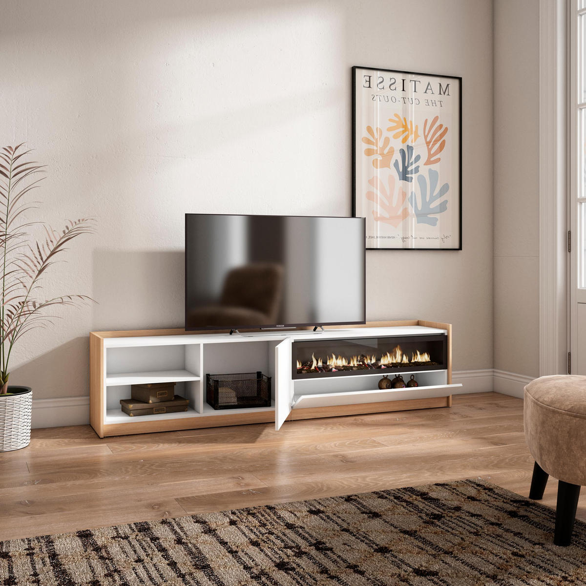 TV-SCHRANK, Lowboard, Weiß und Eiche Soft, Elektrokamin, 207/37/50cm - Weiß, Holzwerkstoff (207/50/37cm) - Skraut Home