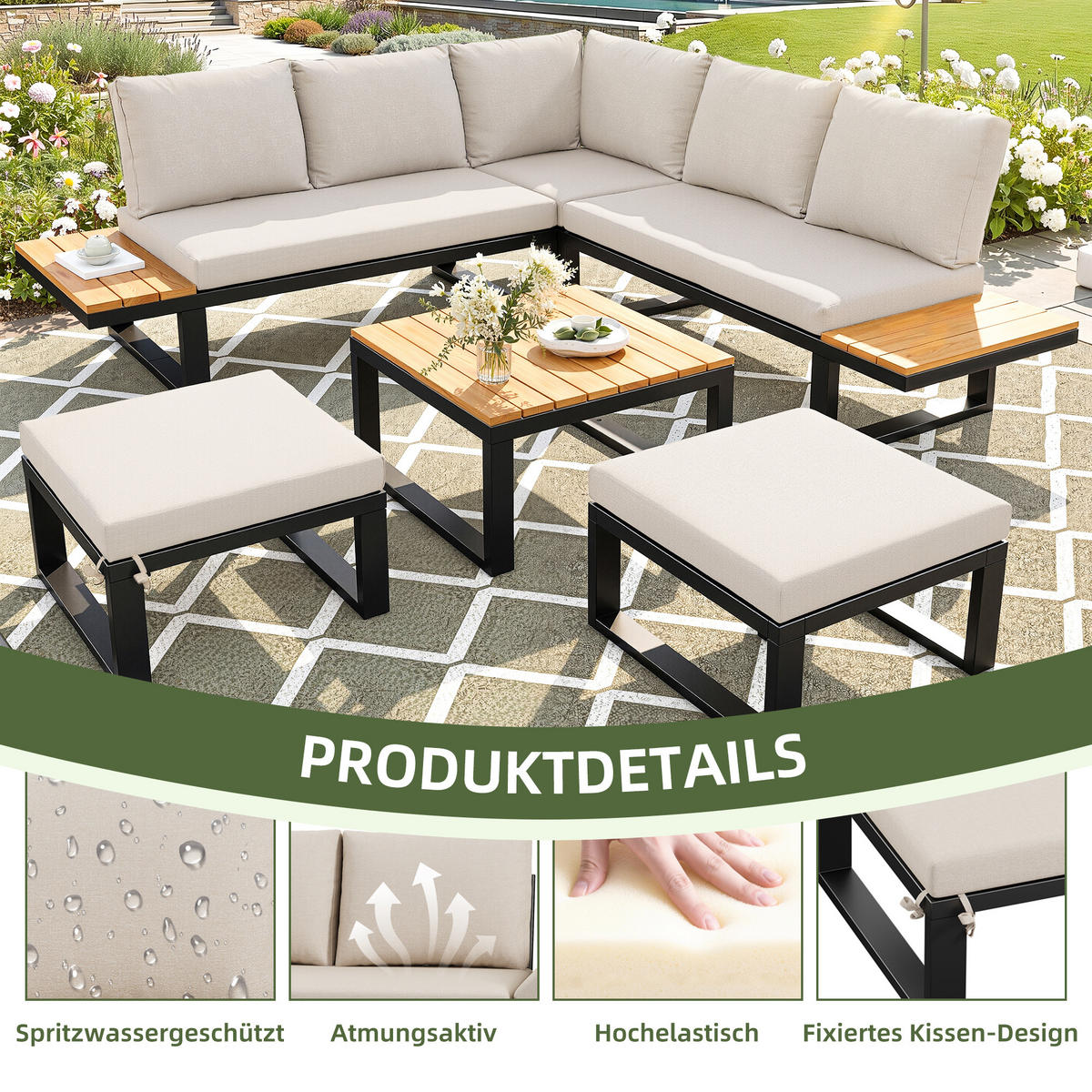 GARTENLOUNGE 6tlg Grau Beige Ecksofa Tisch Hocker verstellbar - Beige, Metall - FLIEKS