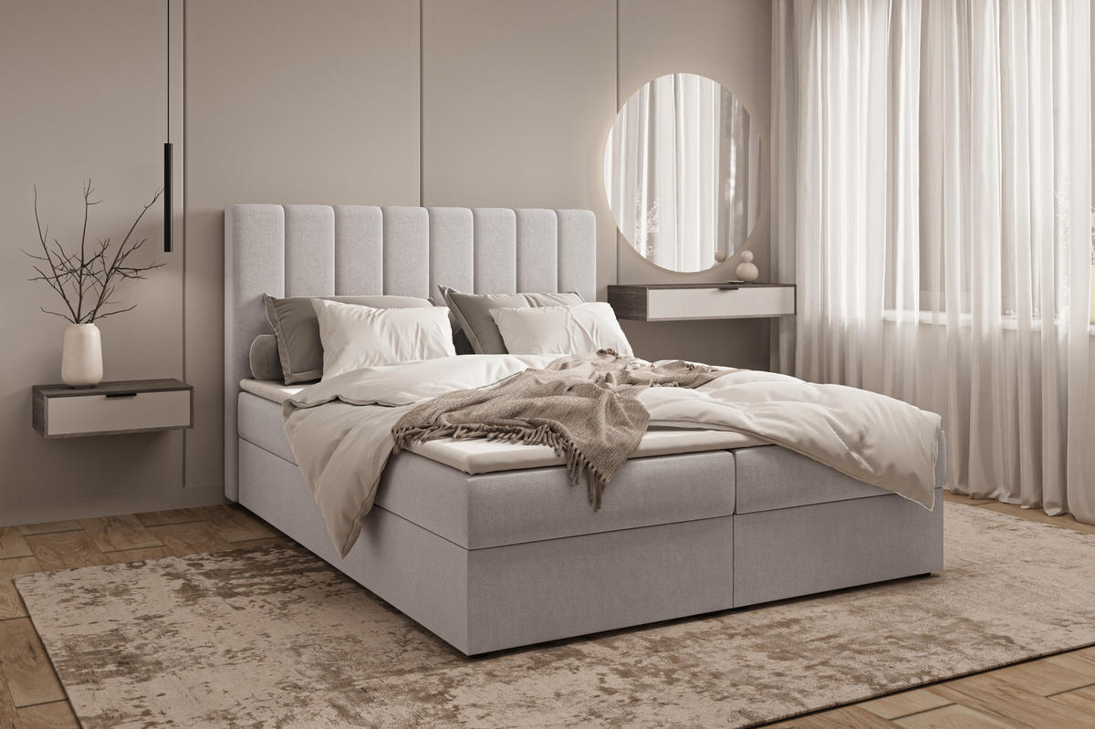 BOXBETT 01 140 x 200 cm - Manila – Stilvoll und bequem Mit Bettkasten, PU-Topper, Federmechanismus, waschbarer Bezug - Silberfarben, Holz (140/200cm) - ROYAL24_MARKT