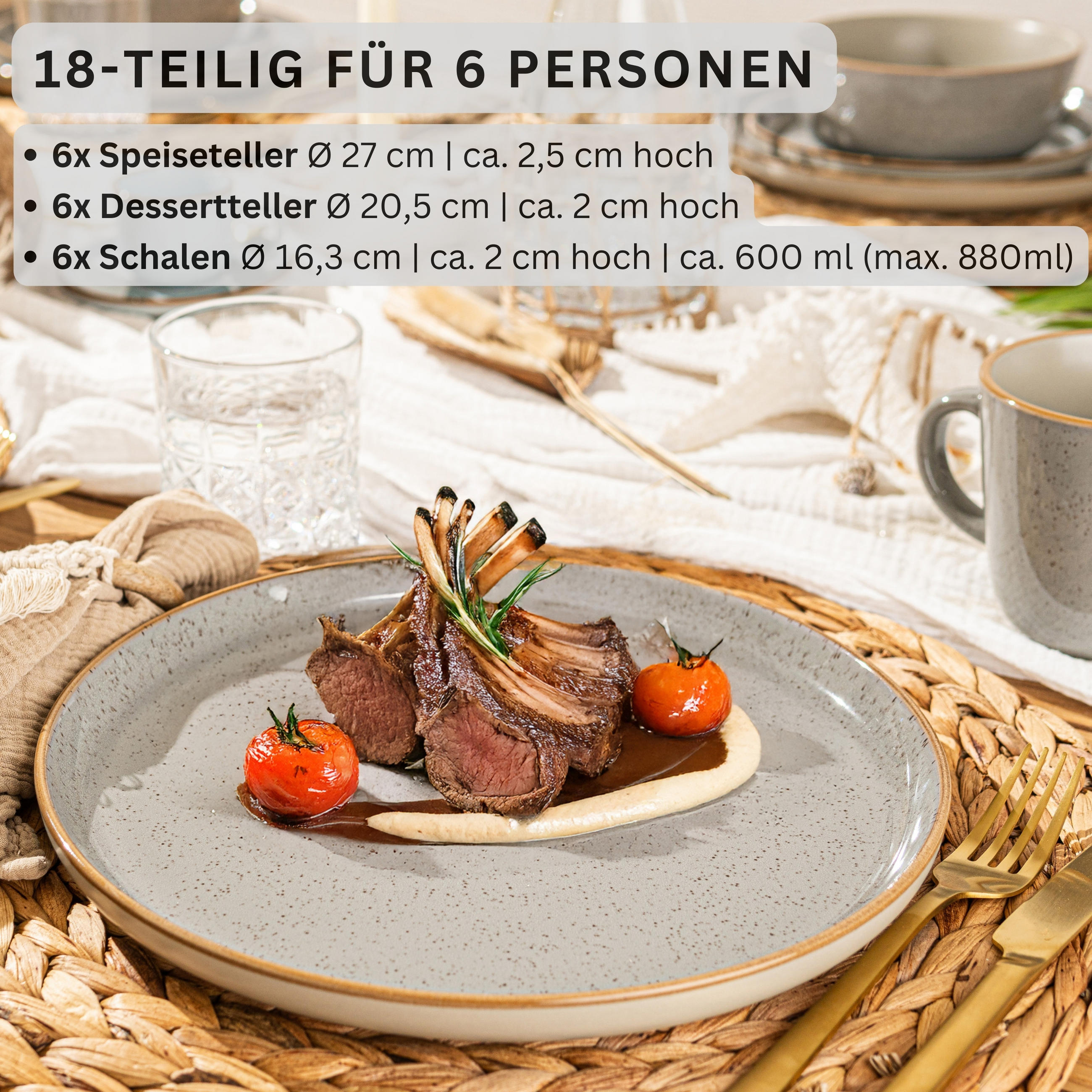TAFELSERVICE RIO PERLGRAU - 18 teilig aus Steingut - Grau, Stein (27/6.6/27cm) - Sänger