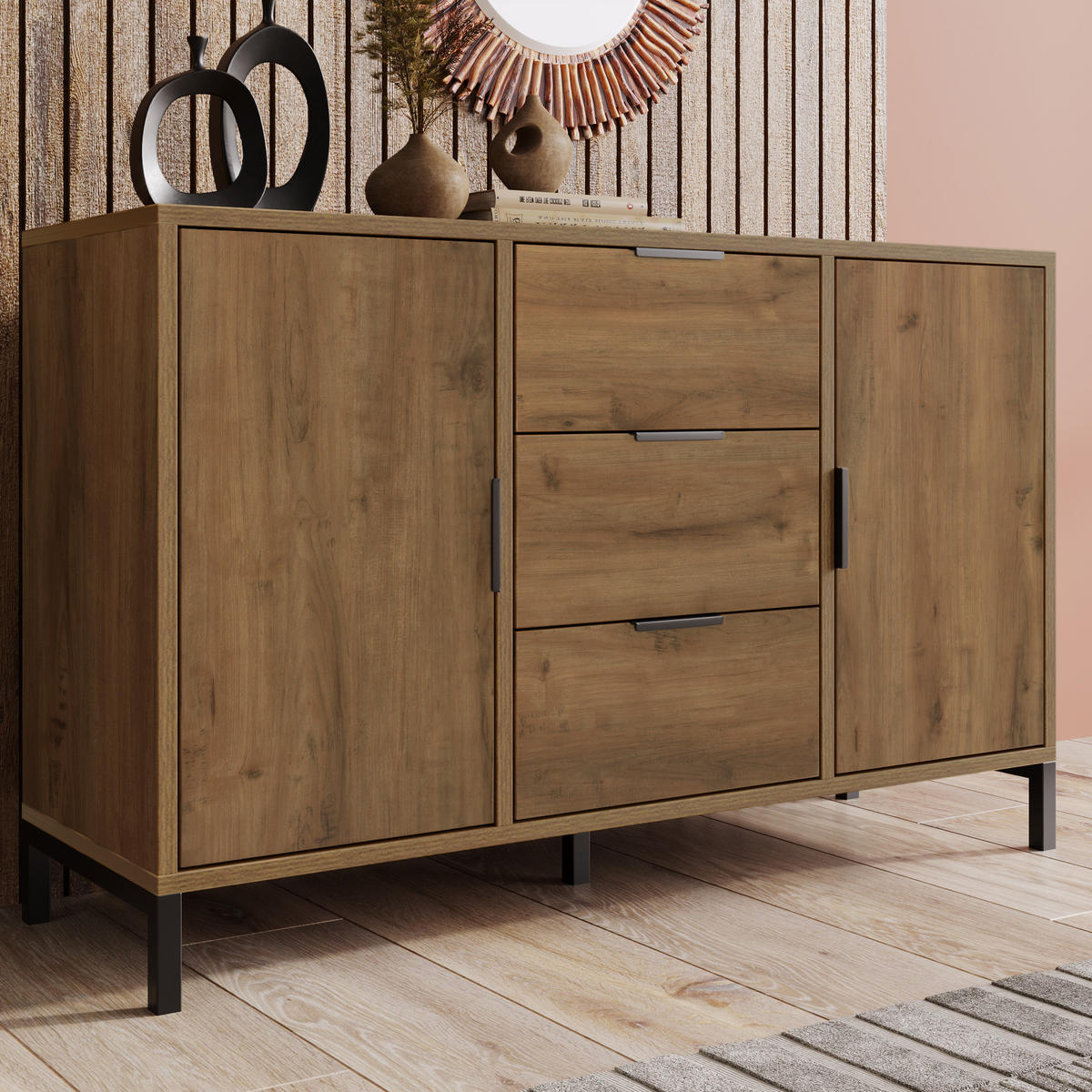 KOMODA tmavý dub, 2 dvířka, 3 zásuvky, do obývacího pokoje a ložnice, 120×40×76 cm - černá/barva dubu, kov/kompozitní dřevo (120/76/40cm) - STILVORA