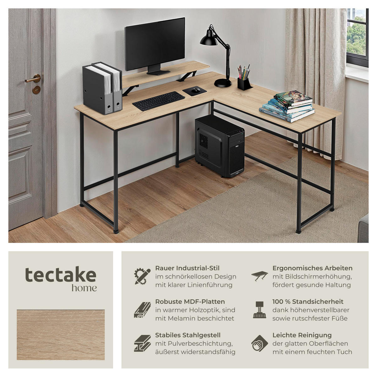 SCHREIBTISCH Melrose,140 x 130 x 76,5 cm,Industrial Holz hell, Eiche Sonoma - Naturfarben, Holz (140/130/76.5cm) - tectake