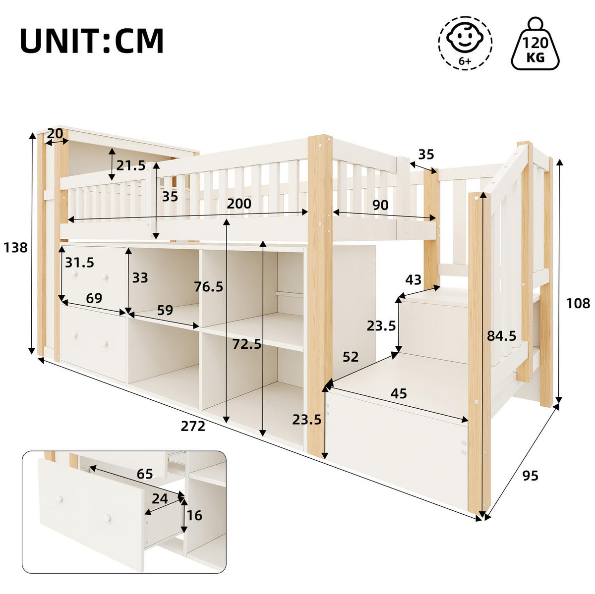HOCHBETT Kiefernholz & MDF 90x200 cm Natur mit Stauraum, Leiterschrank, USB/USB-C und LED - Naturfarben, Holzwerkstoff (90/200cm) - Modfu