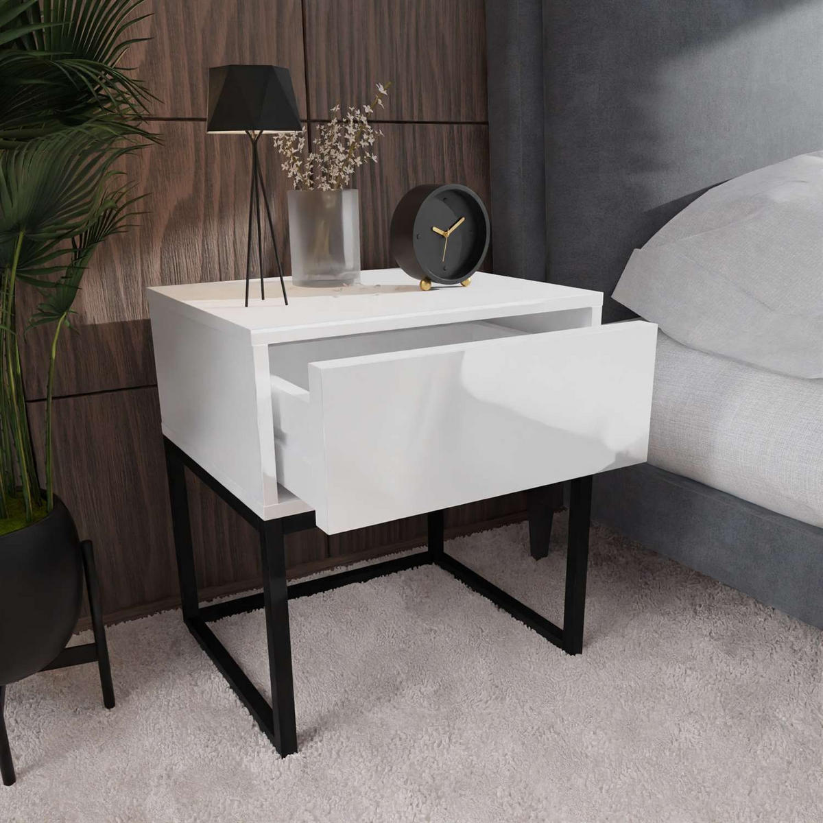 NACHTTISCH BLANCO LOFT Weiß Hochglanz auf schwarzem Gestell PUSH OPEN - Weiß Hochglanz, Holzwerkstoff (45/53/37cm) - Lookway