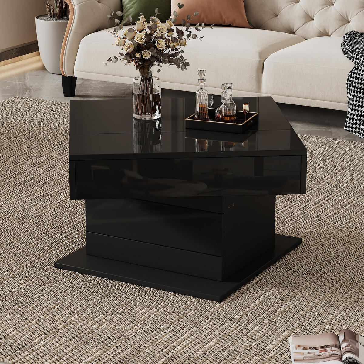KONFERENČNÍ stolek 70/70/45 cm černý z dřevotřísky s otočnou a zvedací deskou - černá, kompozitní dřevo (70/70/45cm) - OKWISH