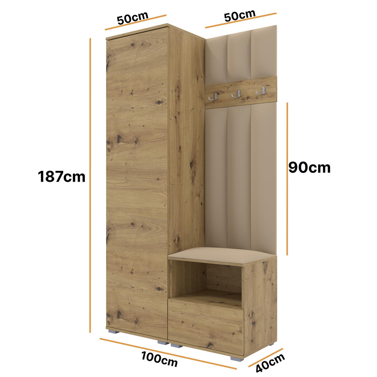 GEPOLSTERT Garderoben-Set Nela I LUX (Eiche Artisan + Stoff Trinity 04) - Beige/Silberfarben, Holz/Holzwerkstoff (100/187/40cm) - Ravio