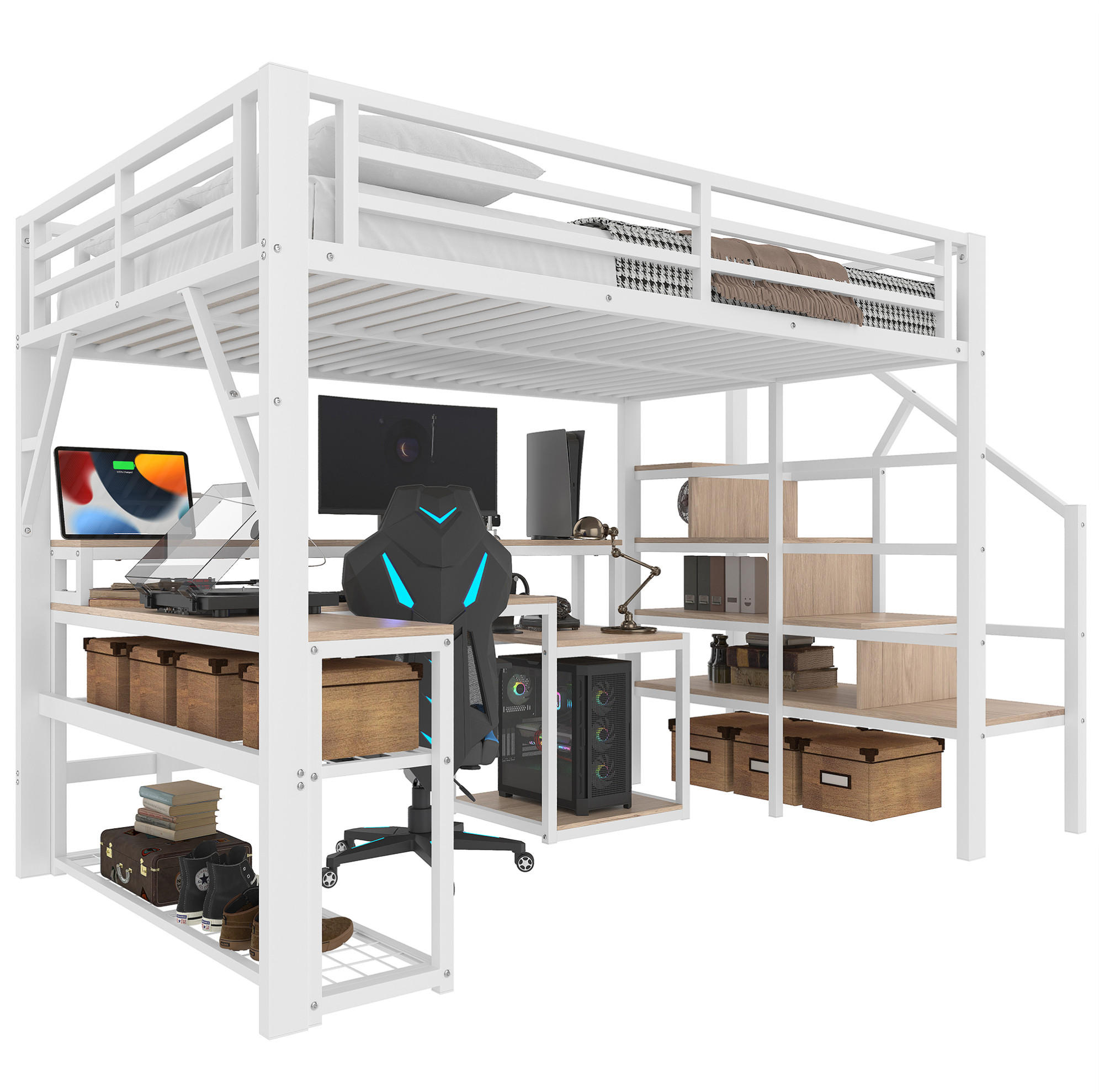 HOCHBETT mit Schreibtisch 140/200 cm in Weiß – mit Stauraumtreppe und LED - Weiß, Metall (140/200cm) - BEAOK