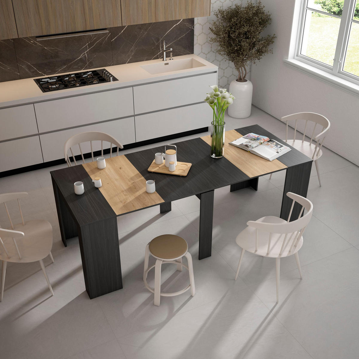 KONSOLENTISCH ausziehbar 58 bis 222cm, für 10 Gäste, schwarz eiche, 90/58/77cm - Eichefarben/Schwarz, Holzwerkstoff (90/222/77cm) - Skraut Home