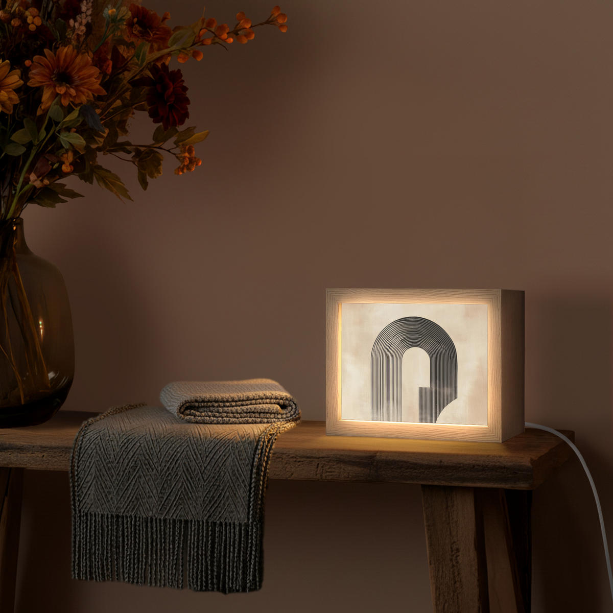 NÁSTĚNNÁ LAMPA Luk - Pruhy - Minimalistický - Černý 20x15 cm - béžová, kompozitní dřevo (20/15/8cm) - OnlyWow