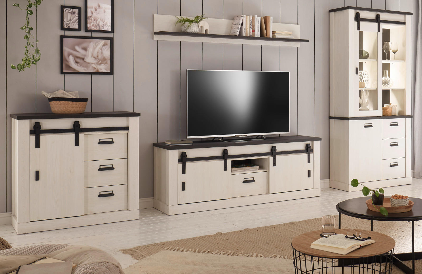 WOHNWAND weiß Pinie, anthrazit Landhaus, Wohnkombination 4-teilig 388 cm - Anthrazit/Weiß, Holzwerkstoff/Metall (388/201/43cm) - Furn.Design
