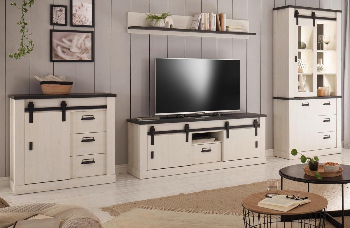 WOHNWAND weiß Pinie, anthrazit Landhaus, Wohnkombination 4-teilig 388 cm - Anthrazit/Weiß, Holzwerkstoff/Metall (388/201/43cm) - Furn.Design