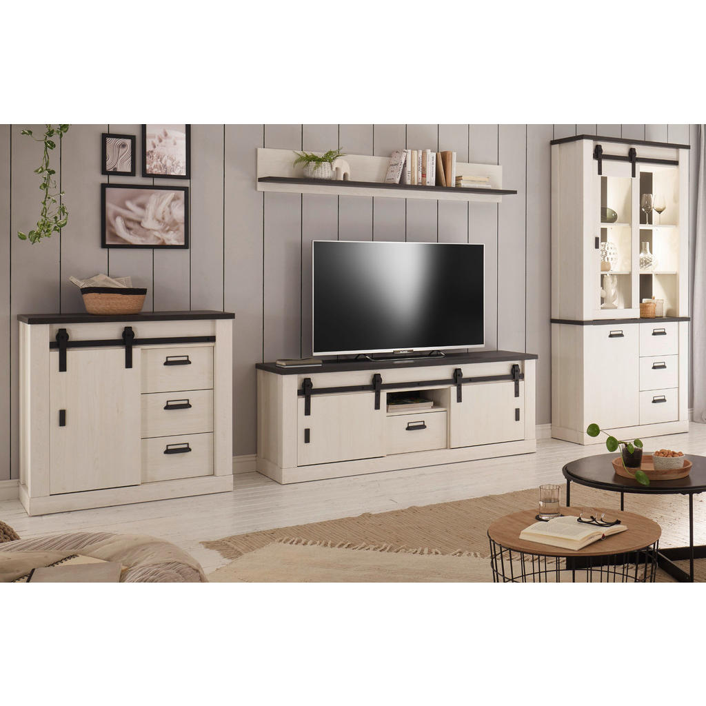 Thumbnail - Furn.Design Wohnwand, Weiß, Anthrazit, Metall, Nachbildung,Pinie, 8 Fächer, 7 Schubladen, 388x201x43 cm, FSC 100%, Wohnz...