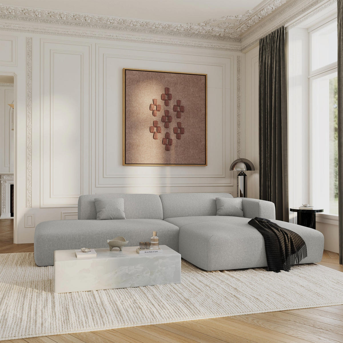 ECKSOFA RECHTS Rastergewebe Hellgrau 310cm - Hellgrau/Grau, Textil (300/96cm) - Sia Home