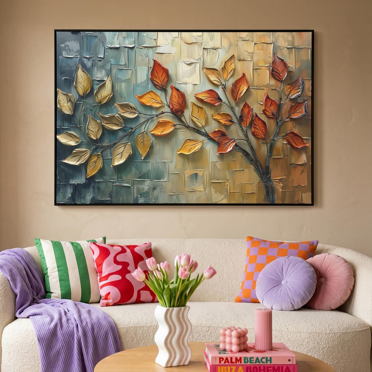 LEINWAND Bilder mit Rahmen - Baum - Abstrakt - Natur - Kunst - 140x90 - Goldfarben, Textil (140/90cm) - MuchoWow
