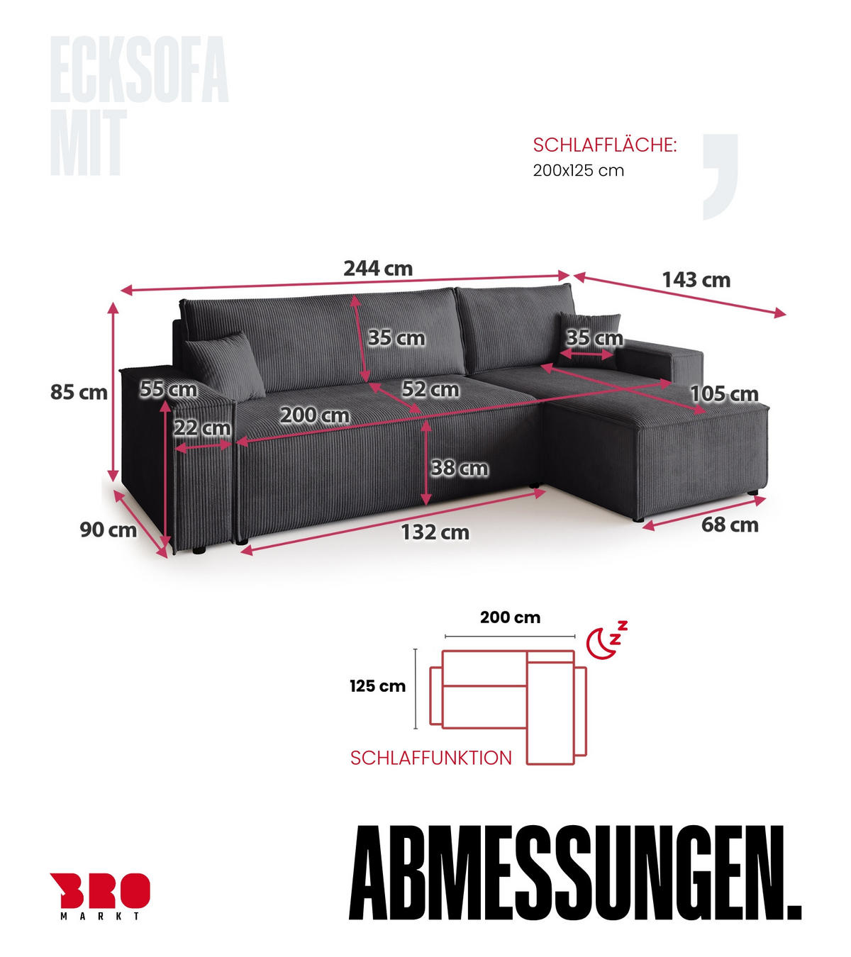 ECKSOFA ADI mit Schlaffunktion Grau Cord - Grau, Textil (244/143cm) - Bromarkt