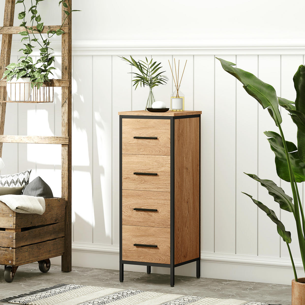 BADEZIMMERSCHRANK schmal Badschrank mit 4 Schubladen, Toilettenschrank Eiche - Eichefarben/Schwarz, Holzwerkstoff/Metall (30/82/30cm) - HOMCOM