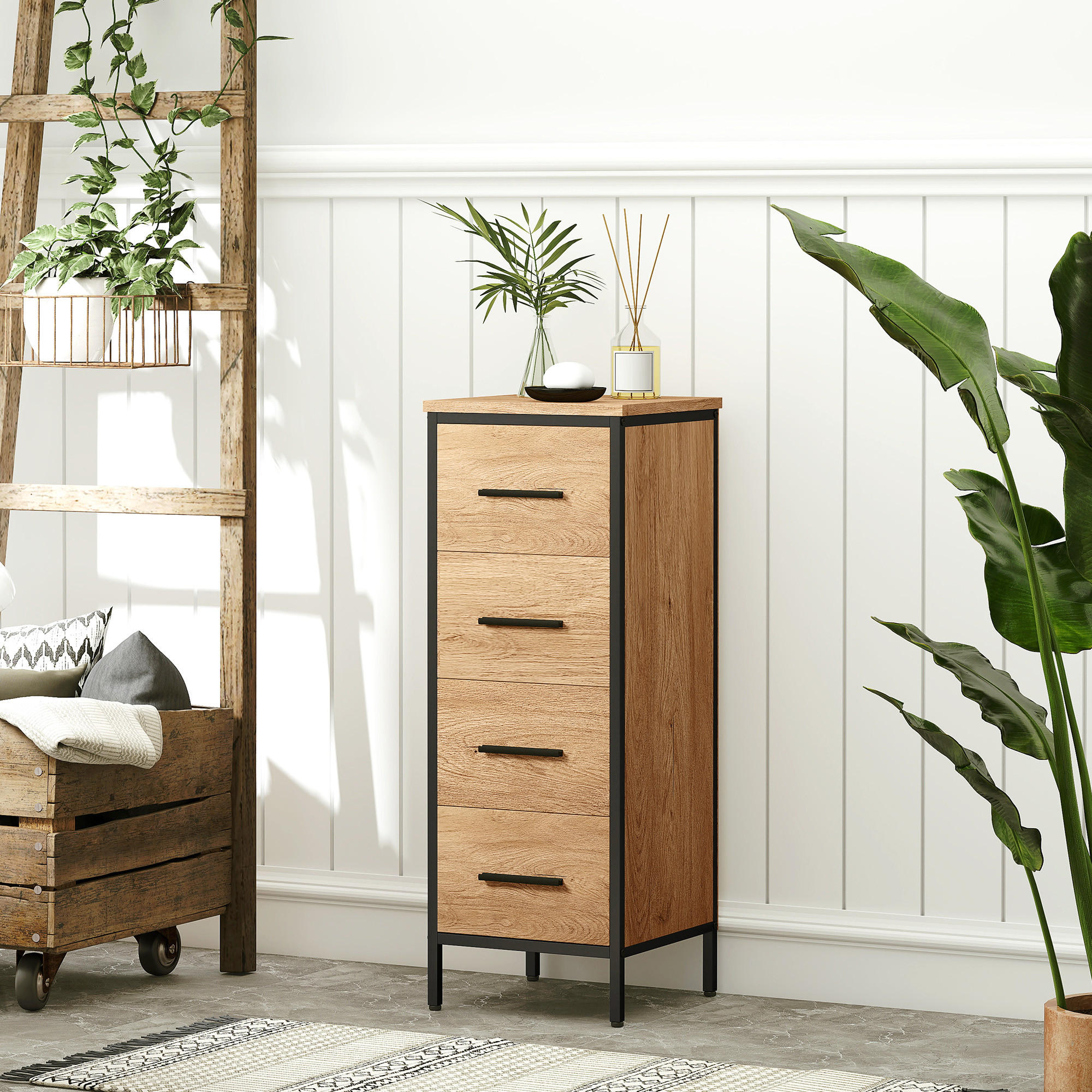 Thumbnail - Homcom Badezimmerschrank, Eiche, Holzwerkstoff, Nachbildung,Eiche, 4 Schubladen, 30x82x30 cm, Badezimmer, Badezimmerschr...