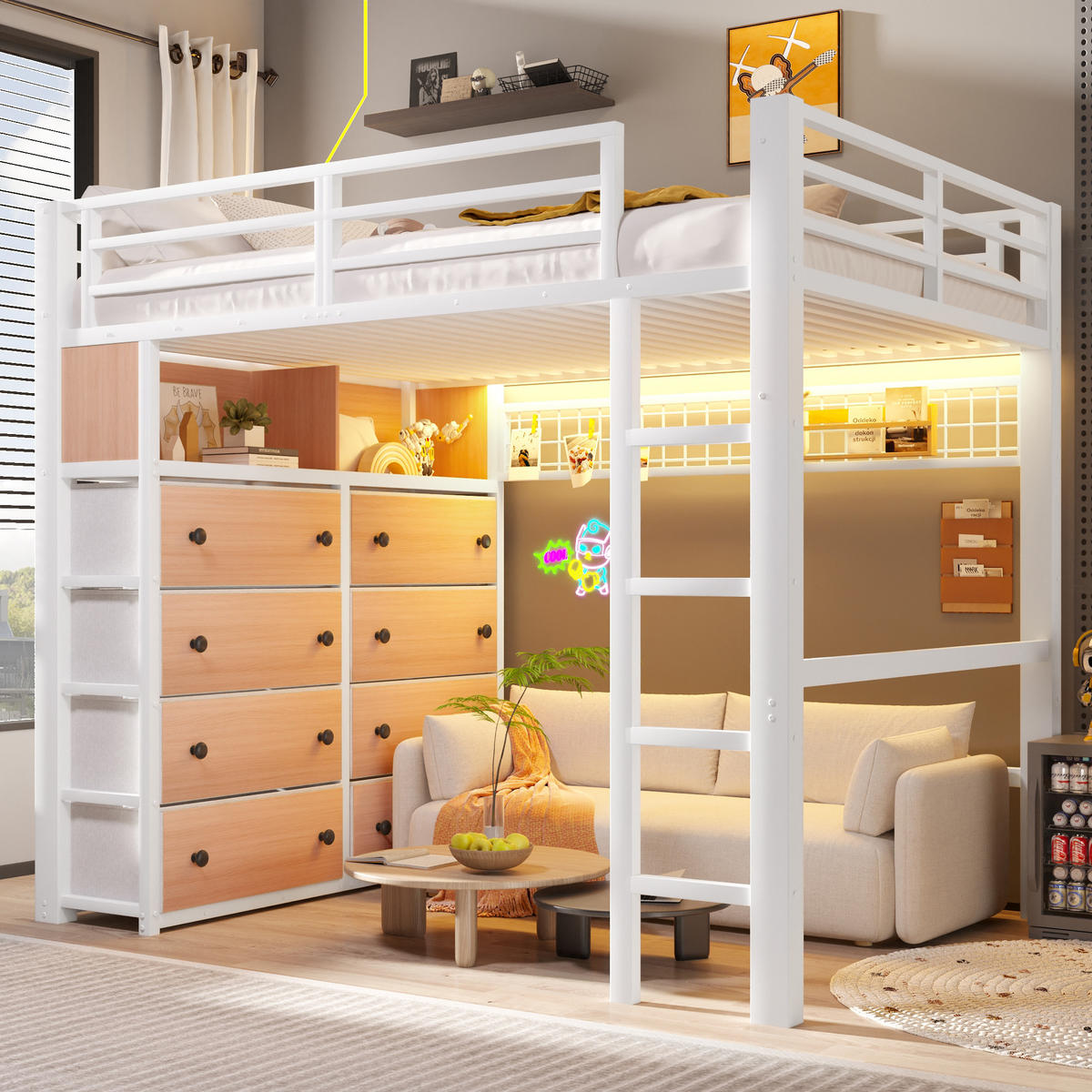 HOCHBETT 140/200 cm in Weiß mit 8 Schubladen, LED, Regalen und Lochwand - Weiß, Holzwerkstoff/Metall (140/200cm) - WISHDOR