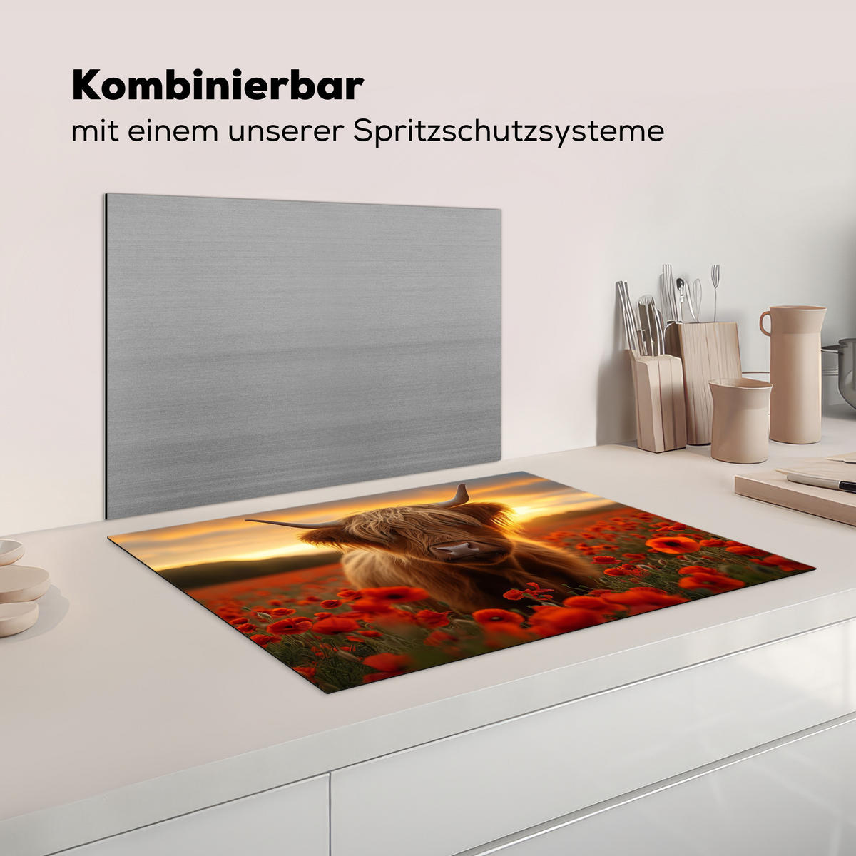 HERDABDECKPLATTE Schottische Highlander - Rosen - Blumenfeld - Sonnenuntergang Herdabdeckung Induktionsfeld 75x52 cm - Rotbraun, Kunststoff (75/52/0.2cm) - MuchoWow