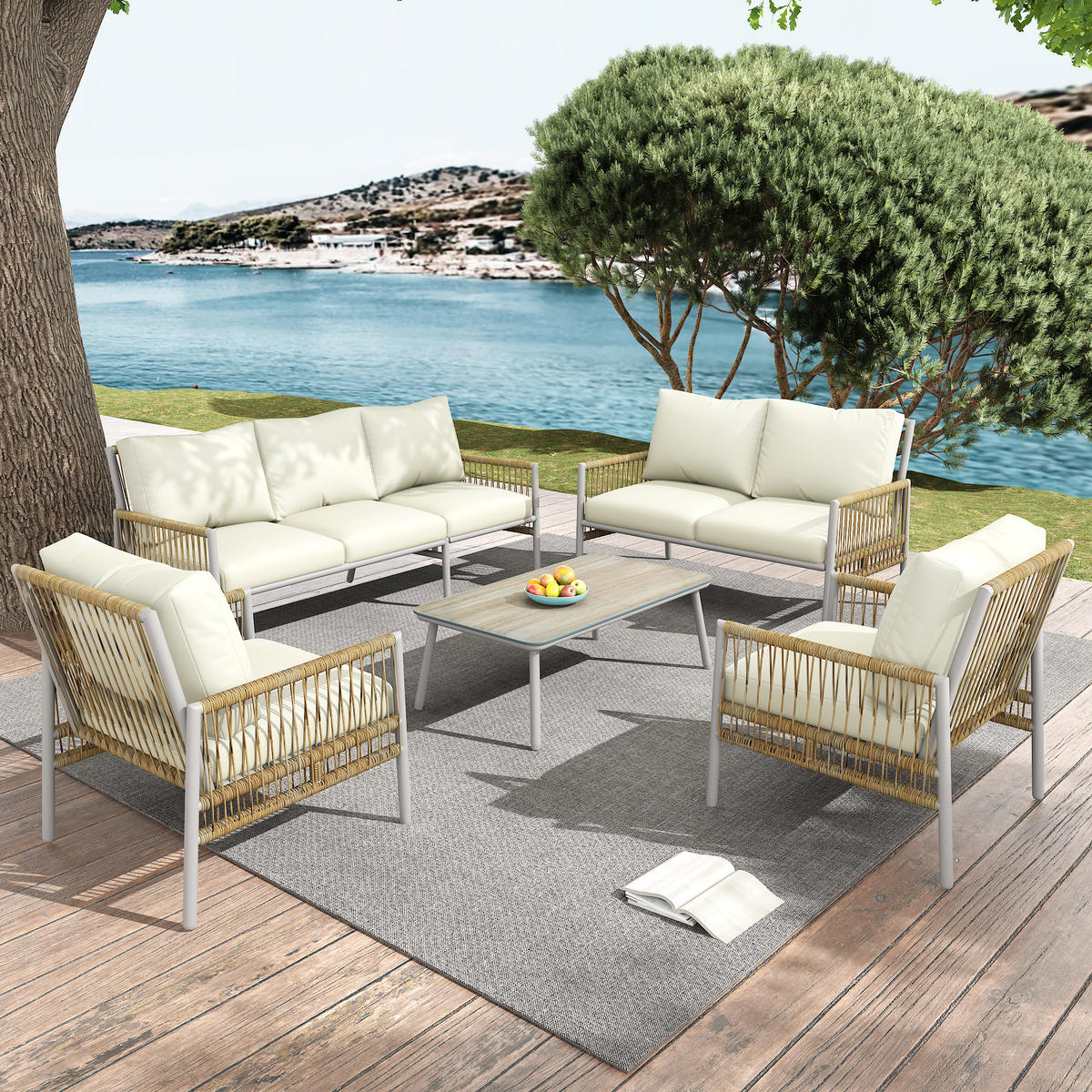 GARTENSET 7-Sitzer Beige PE-Rattan Mit Waschbaren Kissen - Beige, Metall - FLIEKS
