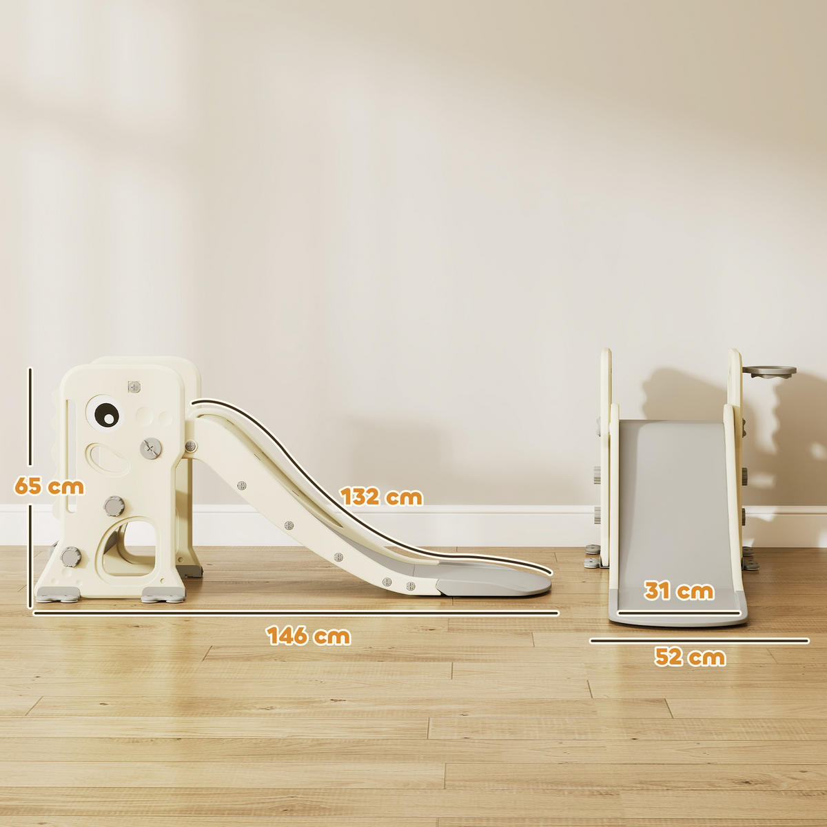 KINDERRUTSCHE 3 in 1 klappbar Kleinkinderrutsche mit Basketballkorb, Schnallen - Creme, Kunststoff (52/65/146cm) - AIYAPLAY