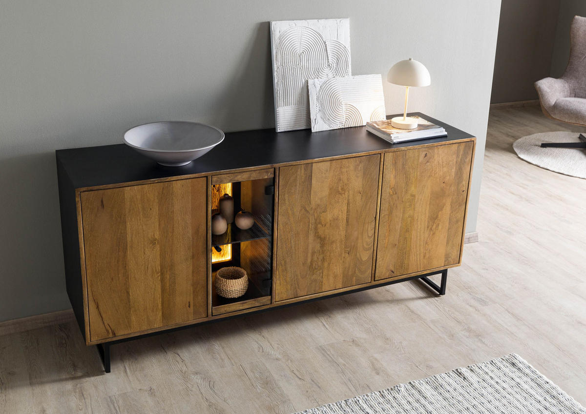 SIDEBOARD Mango / Altholz 180x47x81 schwarz / natur lackiert DAVIS #21 - Schwarz, Holz (180/81/47cm) - Massivmoebel24