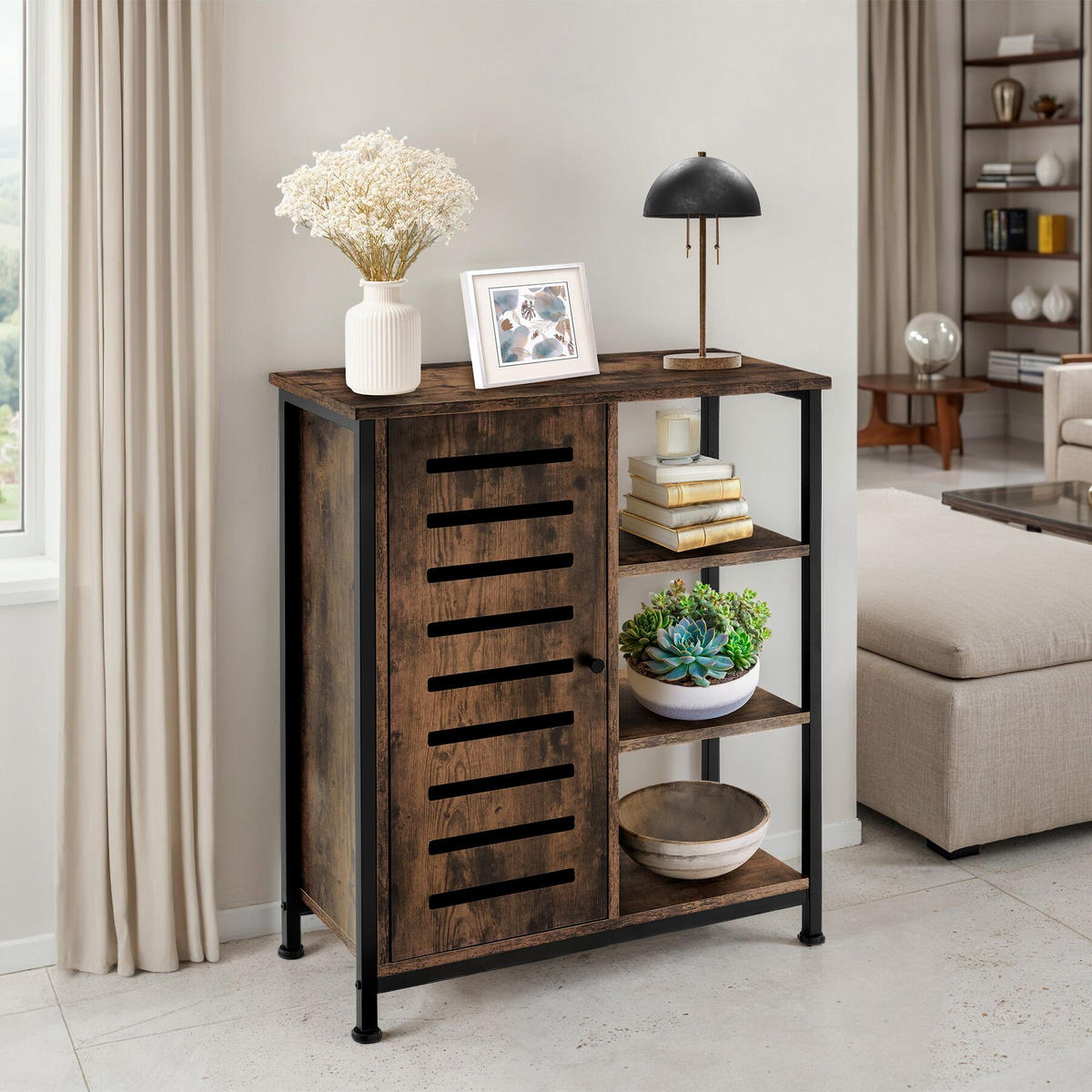 SIDEBOARD ,mit höhenverstellbaren Kunststofffüßen, 70 x 32 x 82 cm,Industrial Holz dunkel, rustikal - Rostfarben, Holzwerkstoff (32/82/71cm) - tectake