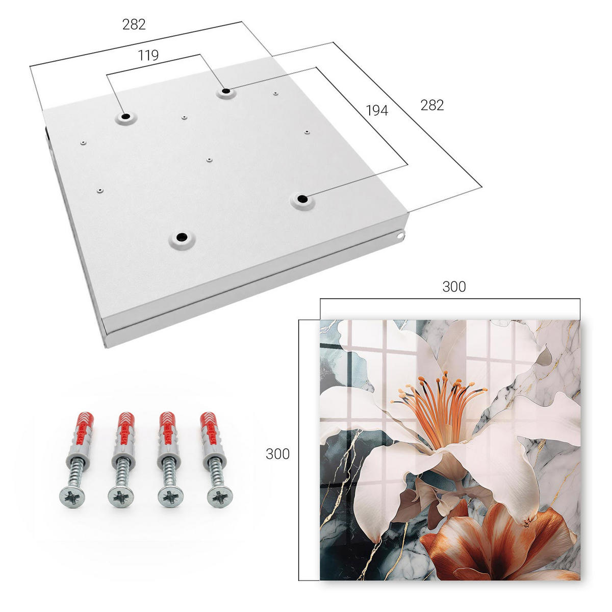 SCHLÜSSELBOX Weiß 30x30 cm – Türöffnung nach rechts - Florale Eleganz - Weiß, Metall (30/30/5cm) - TULUP