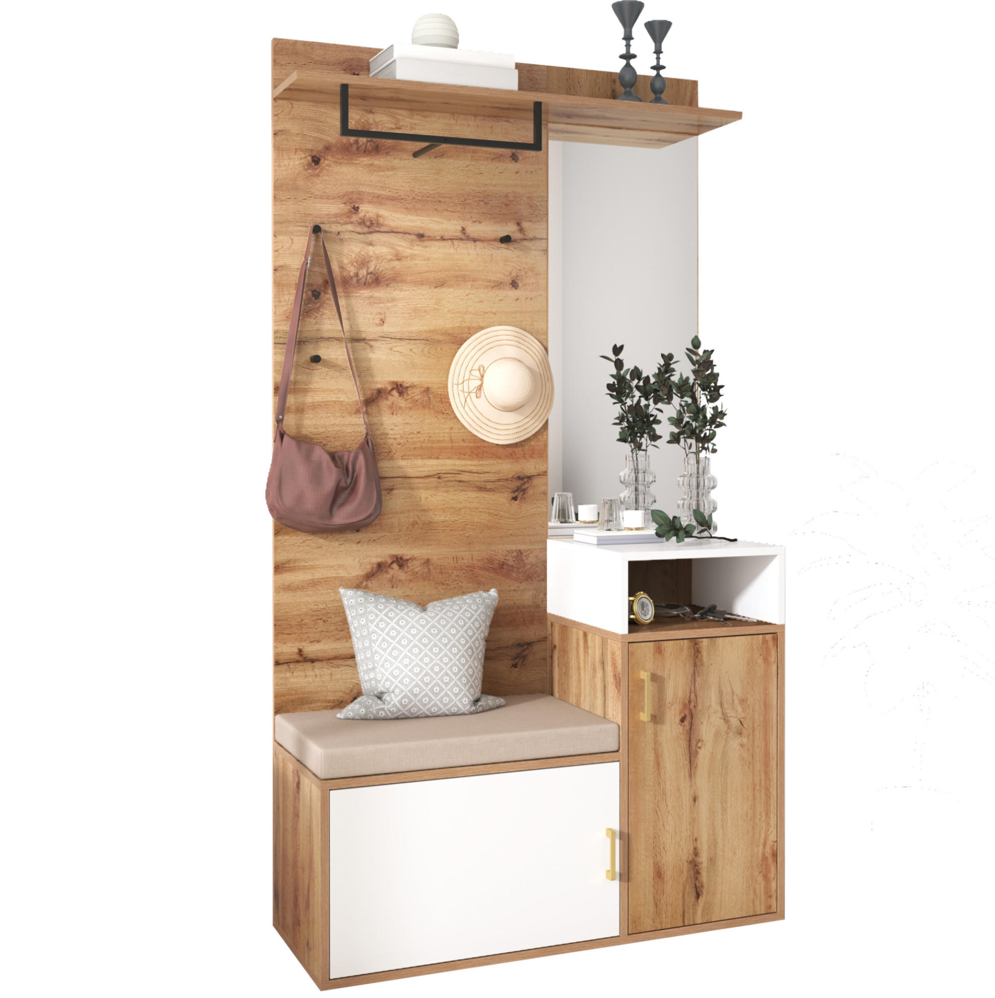 GARDEROBE mit Spiegel und Schuhablage 105/40/190,5 cm in Weiß und Holzfarben - Weiß, Holzwerkstoff (105/190.5/40cm) - BEAOK