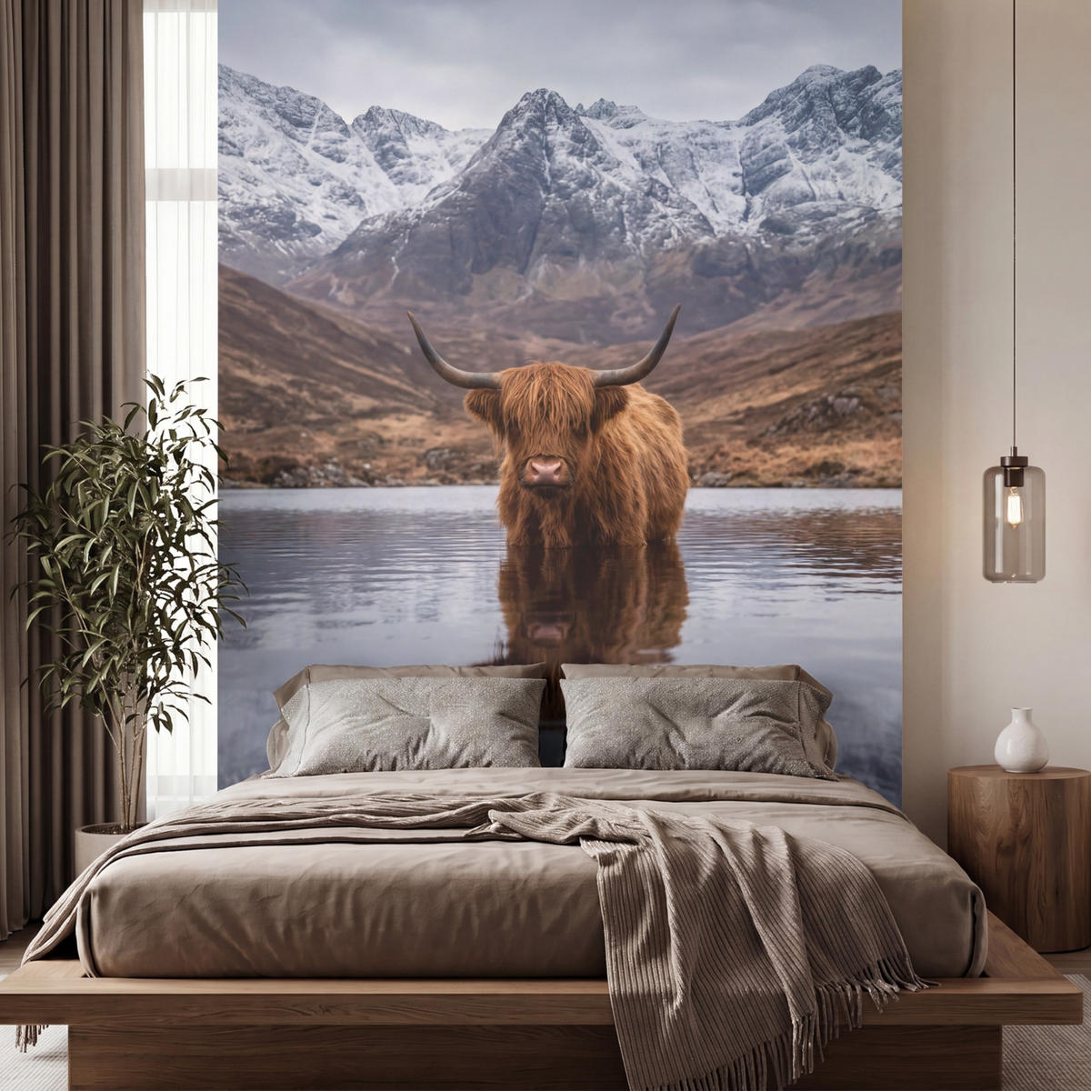 TAPETE - Schottischer Hochländer - Braun - Wasser - 200x280 cm - Braun, Papier (200/280cm) - OnlyWow