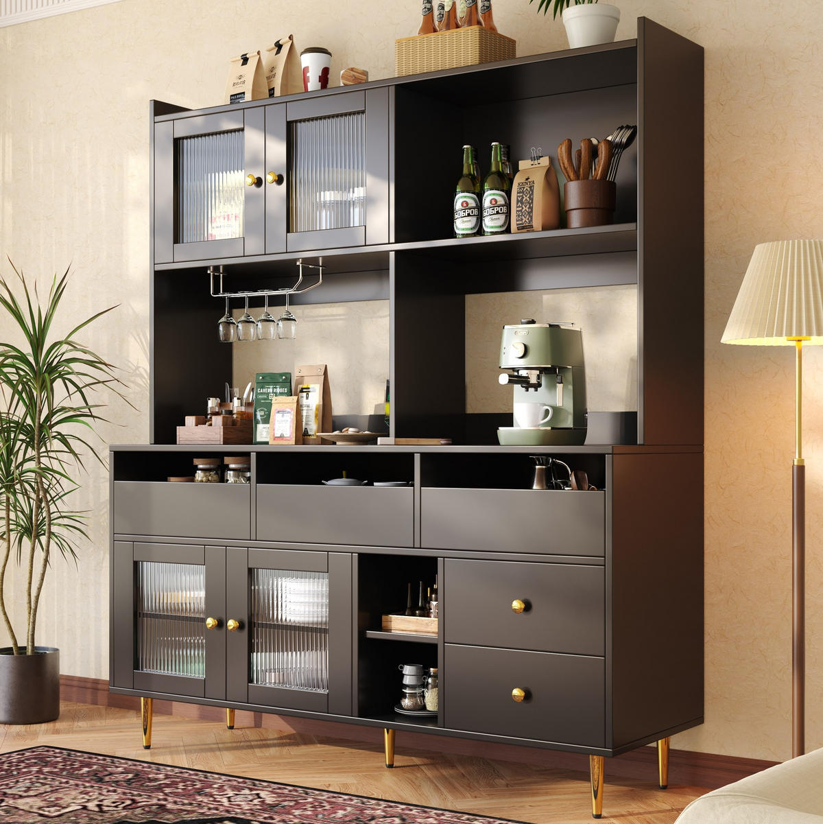 HOCHSCHRANK mit Glastüren und Weinregal 145 x 39 x 171 cm Schwarz - Schwarz, Holzwerkstoff (39/171/145cm) - Meubliv
