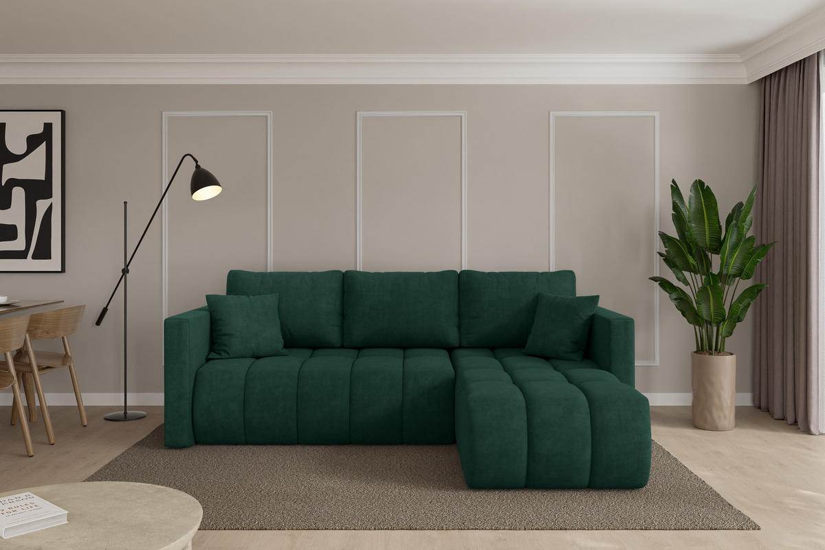 ROHOVÁ SEDAČKA s funkcí spaní, otoman vpravo GARD-L 226x146x85 zelená velur - černá/zelená barva, kompozitní dřevo/textil (226/146cm) - ALTDECOR