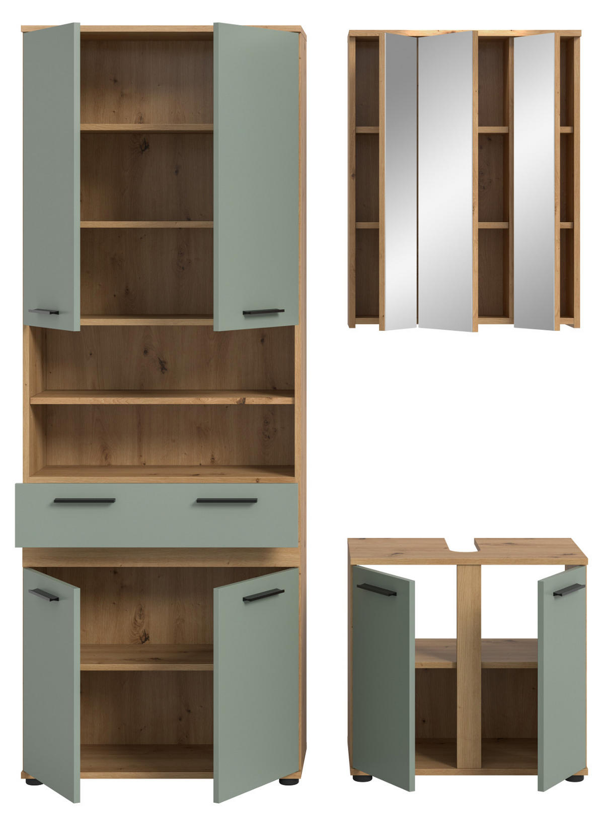 BADMÖBEL-SET 3-teilig Salbei grün, Artisan Eiche 145 cm, Badezimmerschränke mit viel Stauraum - Salbeigrün/Schwarz, Glas/Holzwerkstoff (145/191/34cm) - Inn.Furn