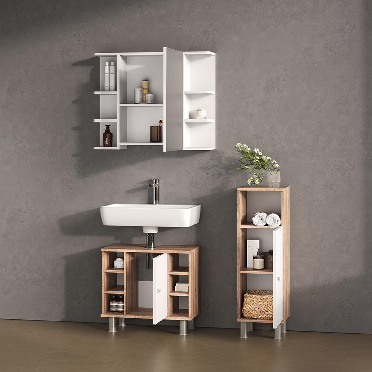 BADMÖBEL-SET Fucino Sonoma 3 Teile, mit Midischrank - Weiß/Sonoma Eiche, Holzwerkstoff (60/54/32cm) - Livinity®